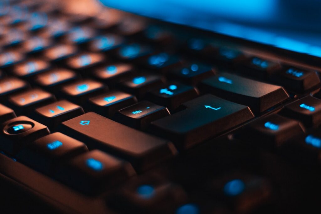 Professional video editing workstation in a dark studio