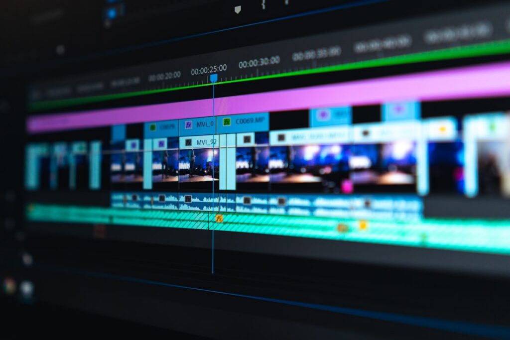 Video editor working on a professional editing timeline with color-graded footage
